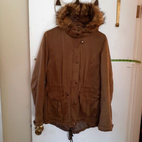 Guess coat tan brown utility anorak fall winter jacket l cotton canvas parka - Picture 1 of 15
